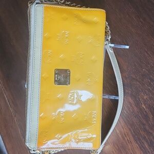 MCM Monogram Yellow Patent Leather Bag with Gold Chain & Cream Leather Details